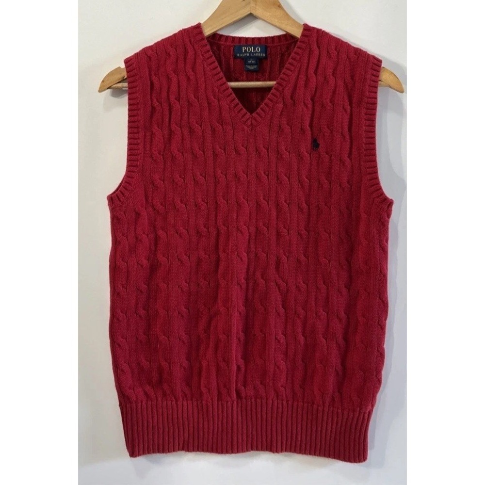 Boys Polo Ralph Lauren V Neck Holiday Sweater Vest Sz Large 14-16 Cable Knit
